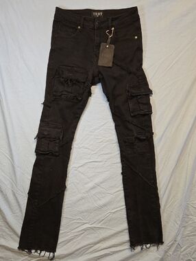 Thrt Black Distressed Stacked Style Skinny Cargo Flare Jeans